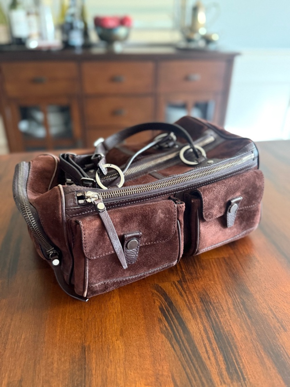 Lanvin suede leather satchel brown multi pocket handbag